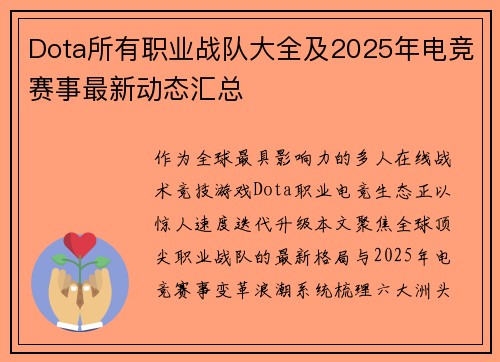 Dota所有职业战队大全及2025年电竞赛事最新动态汇总